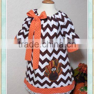 girls turkey dress thanksgiving wholesale boutique kids clothes turkey design frock chevron bowknot dress with lace bottom kids