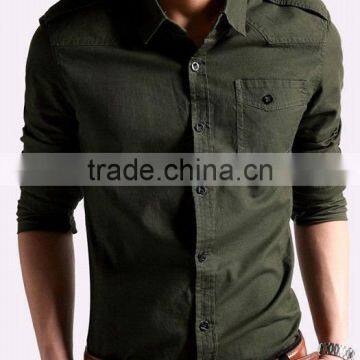 New Elegant Khaki 100%Cotton Men Fancy Casual Shoulder Strap Shirt With Square Collar photo-3
