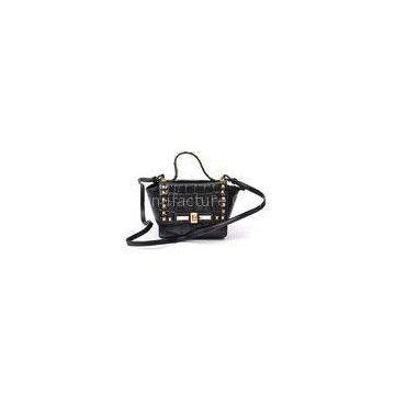 Black Crocodile Embossed Leather Bag / Calf Leather Handbags with Pyramid Studs