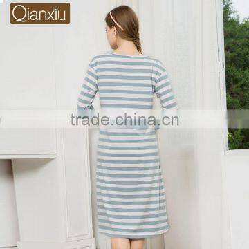 2017 Best Qianxiu Autumn Inner Home Women Lady Girl Cotton Long Sleeved Strip Chinese Women Nightgown photo-3