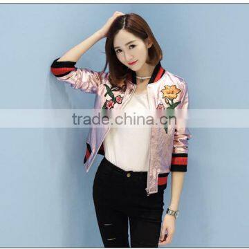 Factory dirct wholesale fashion cheap price flower pattern printed women leather jacket baby pink color