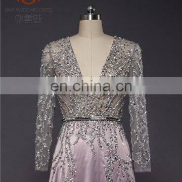 Charming OEM Service ZZ-E0015 See Through Upper Body Long Sleeve Beaded Evening Dress 2017