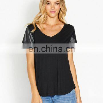 2016 Fashion Ladies V-Neck Short Sleeve Cotton Black T-Shirts