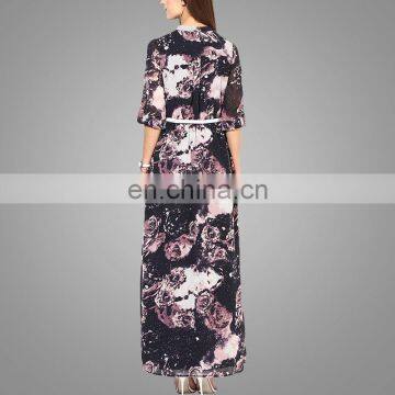 Navy Blue Coloured Printed Maxi Dress Dubai Long Dresses Fancy Maxi Dress With Long Sleeve & Belt photo-3