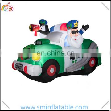 Promotion airblown led inflatable santa police car, inflatable santa claus with penguin&car for christmas ornament