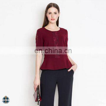 T-B506 Marron Lace Half Sleeve Round Neck Blouse Ladies Tops Images