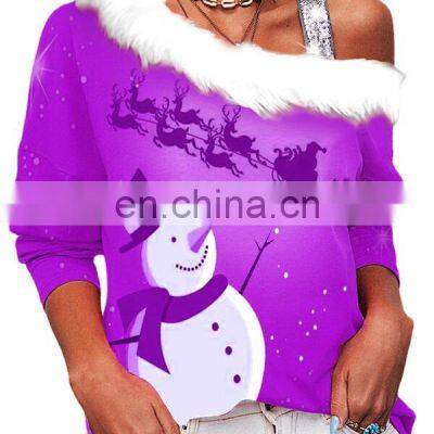Factory Wholesale Women's One-shoulder Sexy Sweater T-shirt Loose Casual Sports Christmas Top Crop Ladies Jacket photo-2