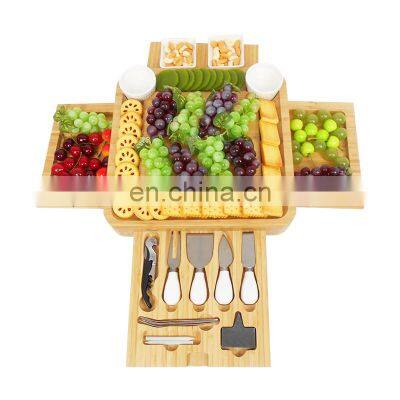 Bamboo Wood Charcuterie Magnetic 4 Slide-Out Drawers Cheese Board Set With Ceramic Bowls And Cutlery Knife photo-5