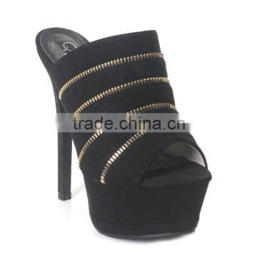 Classic women shoes golden zipper Sexy club party slipper Ladys sexy stiletto pumps Gorgeous black heel slipper