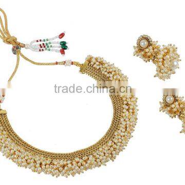 Indian Fabulous Gold Tone Pearl Stone Polki Necklace Set Jewelry for Women Wedding photo-4