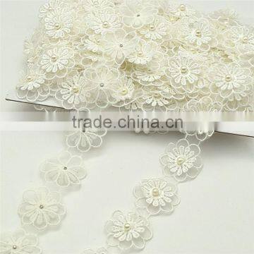 14yards White Embroidered 2-layer Flower Applique pearl beaded Core Lace Trim DIY wide 3.5cm