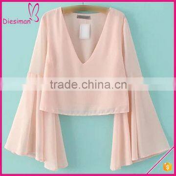 Pink Bell Sleeve Fashion Chiffon Blouse European Fashion Sexy Deep V neck Blouses for Women