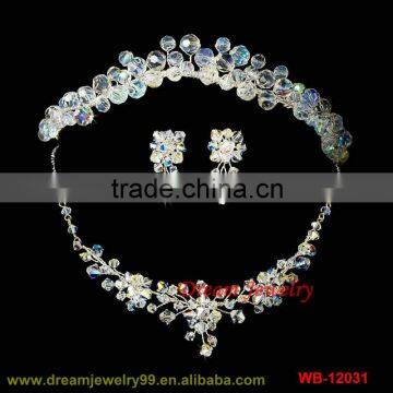 Wholesale! Bridal Butterfly Flower Silver Plated Luxury Crystal Bridel crown tiara necklace and earring 3pcs Set