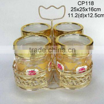 CP118 4pcs round glass jar with printing with golden rack