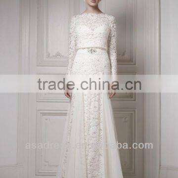 2014 New Style Long Sleeve Bateau Neckline Lace Wedding Dress Patterns (WDER-SOFT)