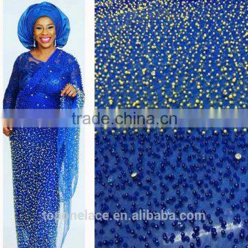 Nigeria royal bule and yellow beaded heavy lace fabric/african wedding lace fabric/tulle beaded lace fabric wholesale