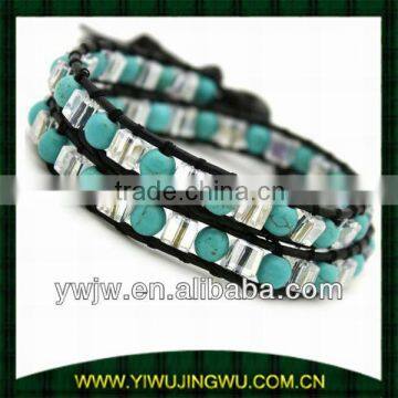 Turquoise & Clear Mix Leather Bracelet for 2013 fashion jewelry