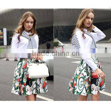 2016 Ladies New Design Fashion Top Blue White Striped Patchwork Knit Tie Neck Poplin Long Sleeve Latest Shirt Designs For Women
