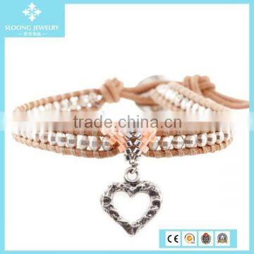 2015 New Hot Product Silver Single Crysatal Bead Wrap Bracelet with Cut Out Heart Charm