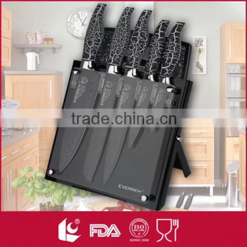 New arrival stainless steel coloured kitchen 7pcs knife set with acryl stand and cutter board