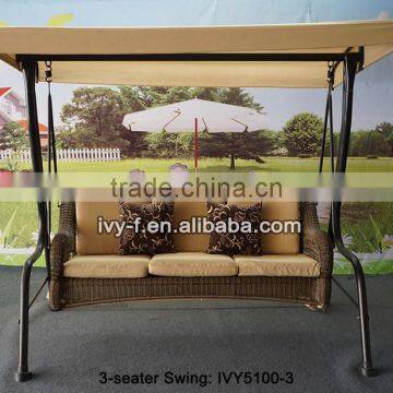 outdoor furniture porch swing chair round PE rattan woven 3-seater swing with canopy #IVY5100-3