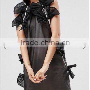 Summer Dress For Women Black Lightweight Organza Contrast Lining Crew Neck Bow Detail Midi Organza Dress photo-5