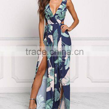 Navy Tie Back Leaf Print Women Maxi Long Party Dress Girls Without Dress Sex Picture HSd5187 photo-2