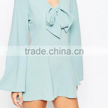 China Factory OEM ODM 2015 Hot Sale Customized Playsuit With Deep Plunge and Pussy Bow photo-4
