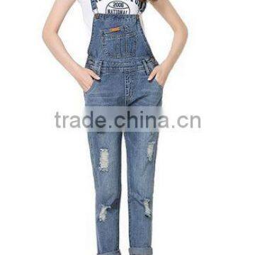 Women's Fitted Ripped Straps Denim Jumpsuit with Pockets