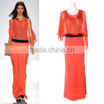 Full Length Chiffon Orange Colored Sexy One Piece Style Evening Dress