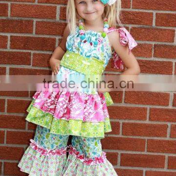 Nice design girl outfits top and dress kids ruffle pants/ capris