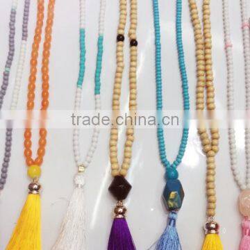 Long glass wooded beads tassel cheap necklace