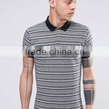 Best Sell Custom Men Short Sleeve Striped Yarn Dyed Classic Collar Polo Shirt With All Over Aztec Print Custom Logo photo-3