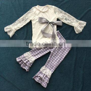 QL-396 lace long sleeve baby shirt match bowknot and polka dot ruffle pants cheap baby clothes 2016