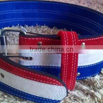 Power Weight Lifting Leather Belt wirh Blue+White RED