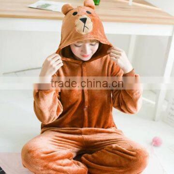 Solid colors brown bear have the button flannel fleece nightgown women sleepwear with hood