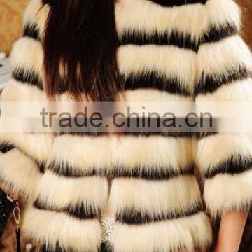 2015 fashion stripe fake&faux fur coat