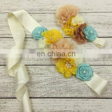 Chiffon Ribbon Flowers Sash & Headband Sets With Vintage Pearl Infant Mint Beige Rose Headband