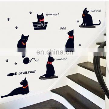 Black Cat on the Stair with Red Tie PVC Wall Sticker Home Decoration