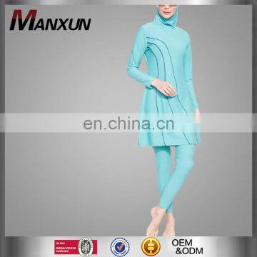 2016 New Design Women Swimming Clothing 100% Nylon Full Length Sky Blue Islamic Swimming Suit Wholesale Muslim Swimwear women