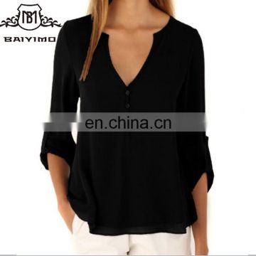 Latest Design Women's Fashion V-Neck Button Chiffon Simple Tops