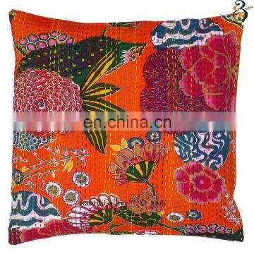 Indian Cushion Cover Handmade Embroided Fruit Print Home Decor Sofa pillow case 16x16 Kantha Cushion