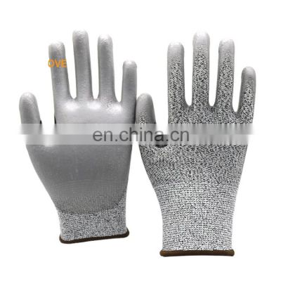 En388 4543 Gray Grip PU Coated Cut Resistant Work Gloves Level 5 Anti Cut Gloves