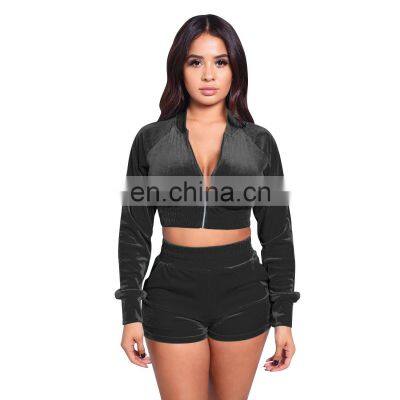 Clothing Wholesale Custom Solid Color Long-sleeved Shorts Suit Sexy Casual Two-piece Plus Size Women's Clothing photo-2