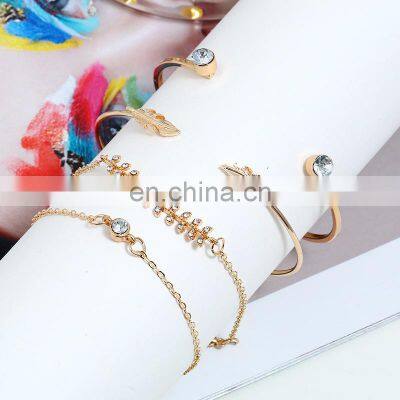 4Pcs/set Women Vintage Crystal Leaves Geometric Chain Gold Bracelet Set Bohemian Bracelets Jewelry photo-3