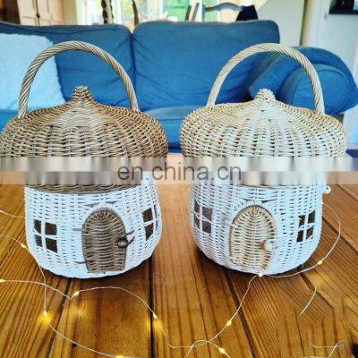 Hot Sale Cute For Kid Wicker Acorn House Bage with Handle, Rattan Mushroom Doll House Bag Kids Toys Wholesale Supplier