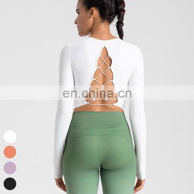 Shockproof Running Clothing Long Sleeve Cross Back Hollow Out Sports Tops Gym Fitness Tshirt Yoga Crop Top For Women With Padded photo-4