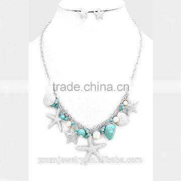 Sea Life Themed Jewelry Multi-Starfish and Shell Turquoise Charm Necklace