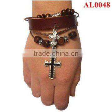 AL0048 Retro style bracelet with cross pendant and three roots of leather handmade jewellery wristband