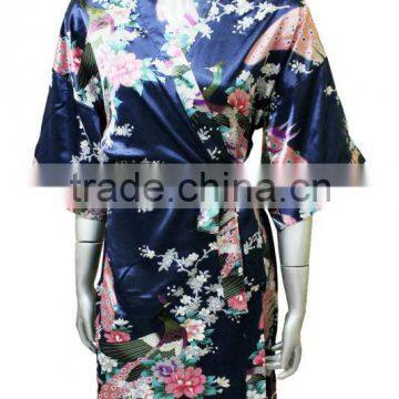 Navy Blue Peacock Kimono Women Silk Satin Bath Robe Pajamas Sleepwear Floral Style